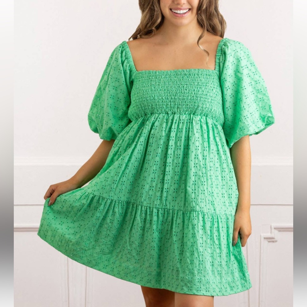 8 Oak Lane Green Puff Sleeve Eyelet Mini Dress Size L